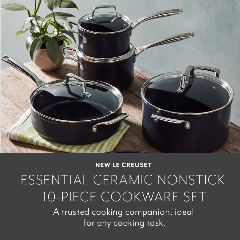 New Le Creuset Essential Ceramic Nonstick 10-piece cookware set. A trusted cooking companion, ideal for any cooking task.